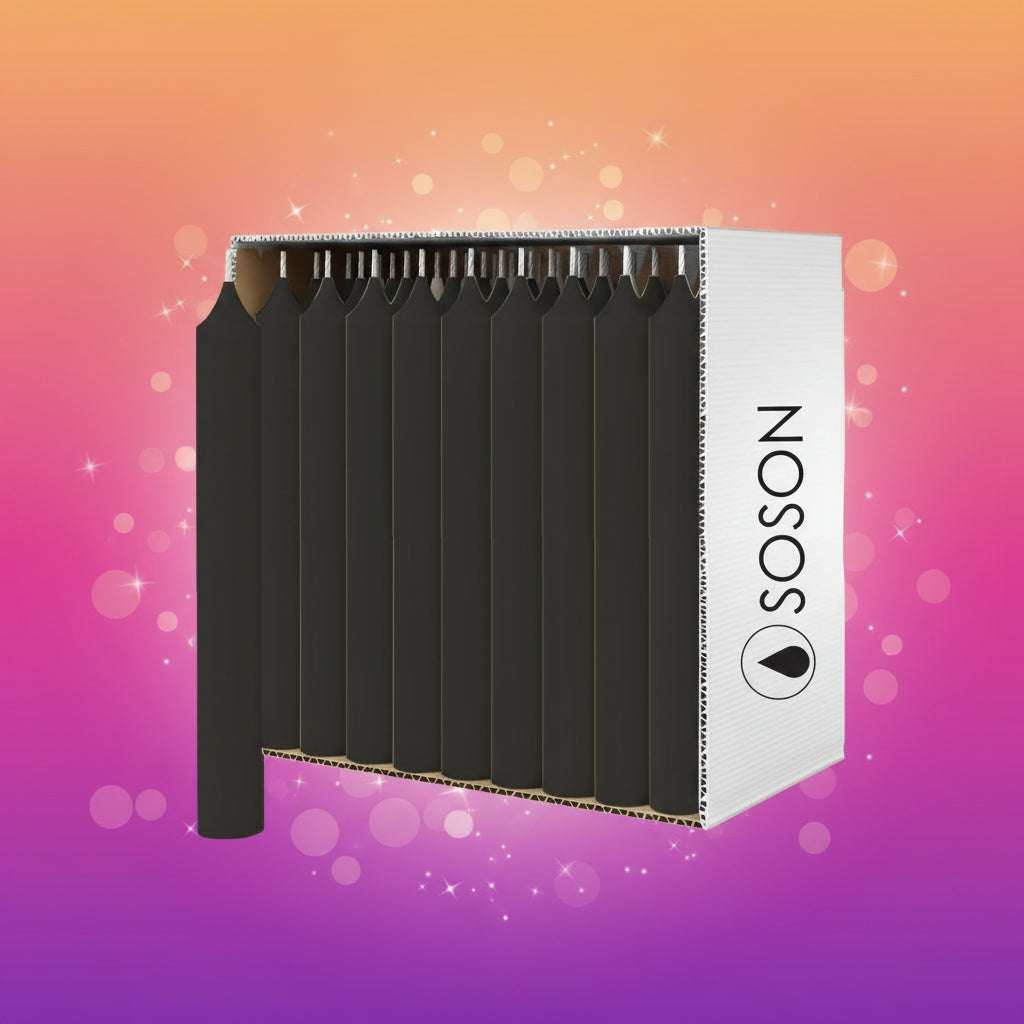 Black cardboard packaging with 'SOSON' branding on a white background