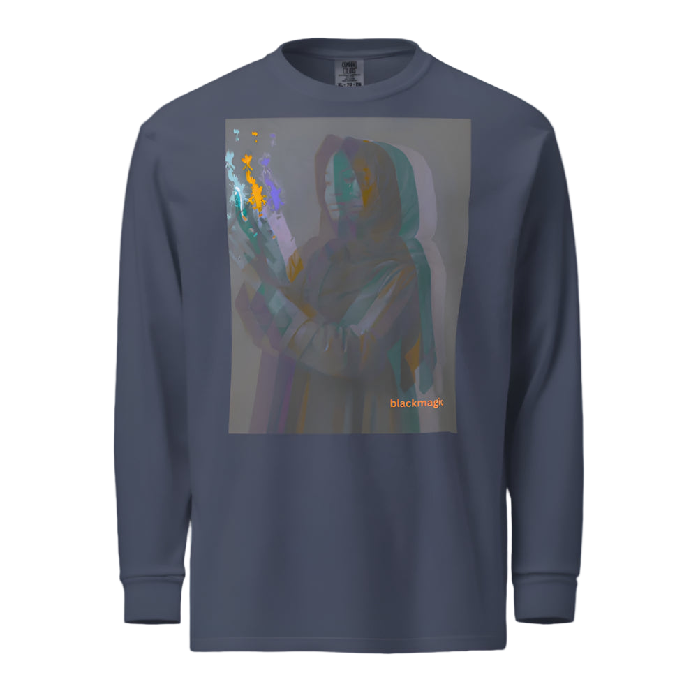 Navy blue long-sleeve shirt with a graphic design on a white background