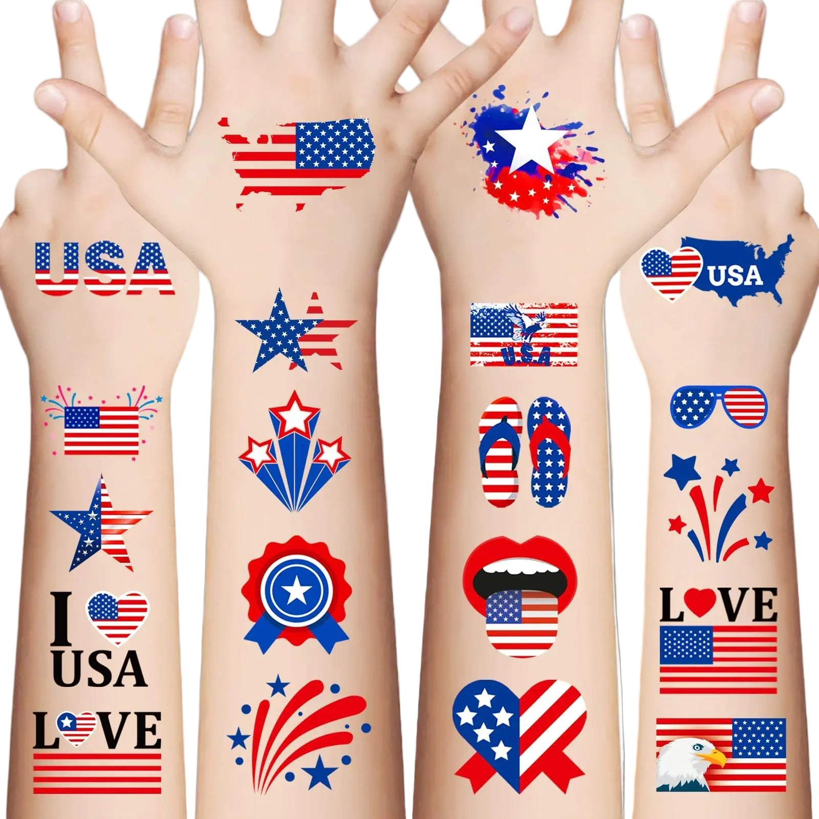 Hands with temporary tattoos featuring American flags, stars, and patriotic designs on a white background.
