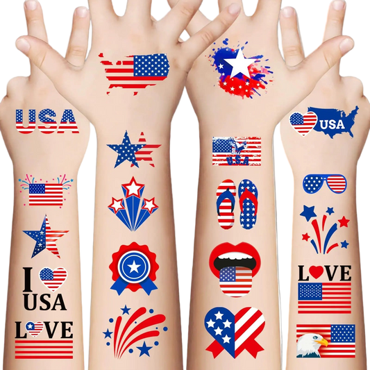 Hands with temporary tattoos featuring American flags, stars, and patriotic designs on a white background.