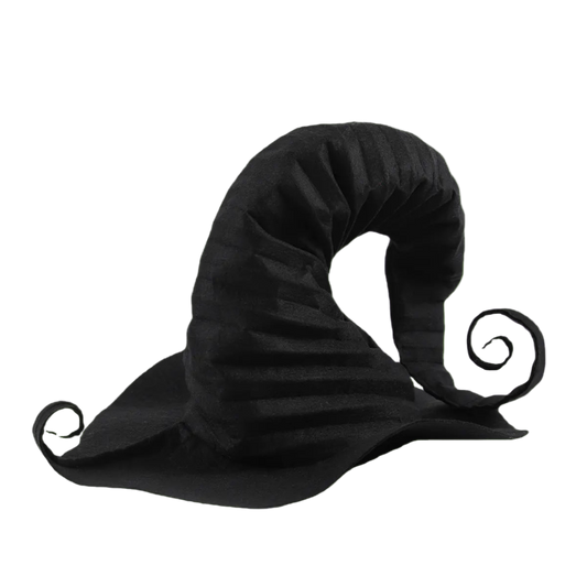 Black witch hat with a curly brim on a white background