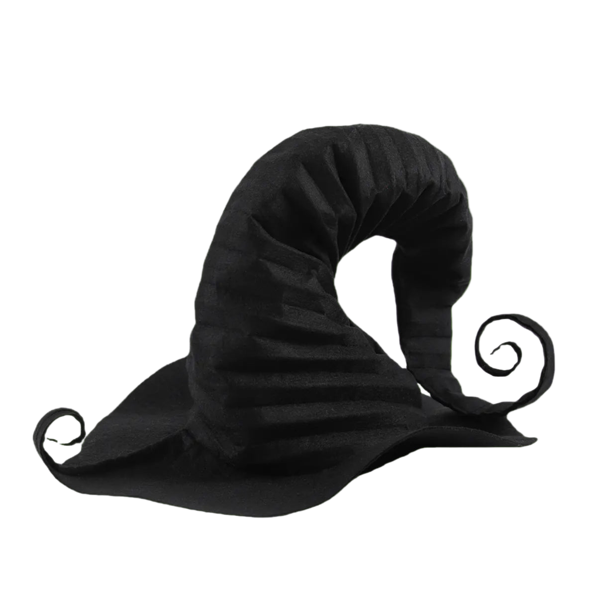Black witch hat with a curly brim on a white background