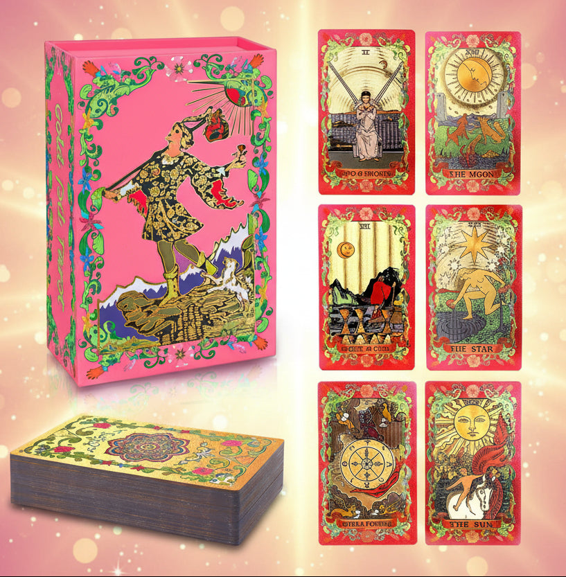 Colorful tarot card set with a pink box and deck on a white background