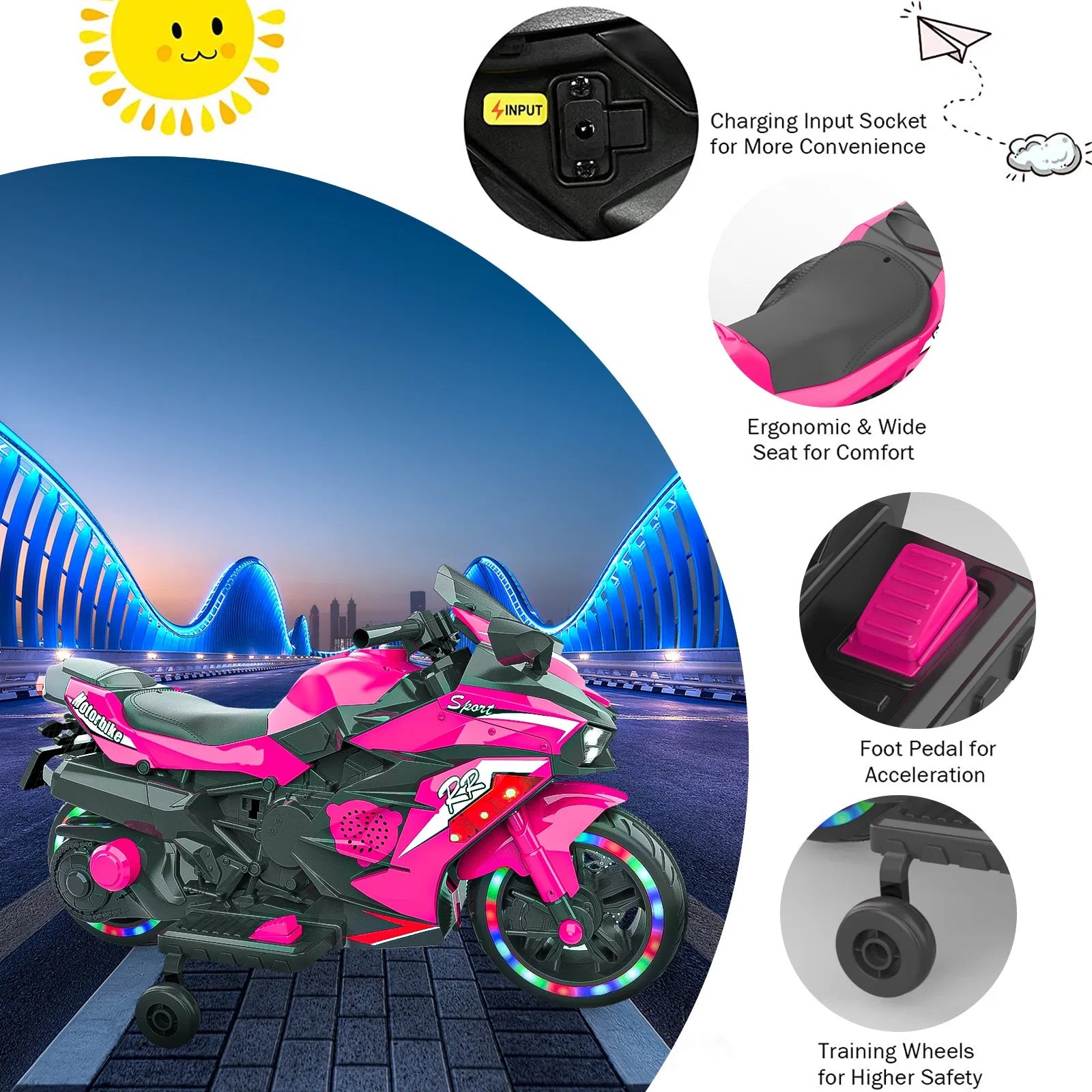 Pink toy motorcycle with features highlighted on a cityscape background