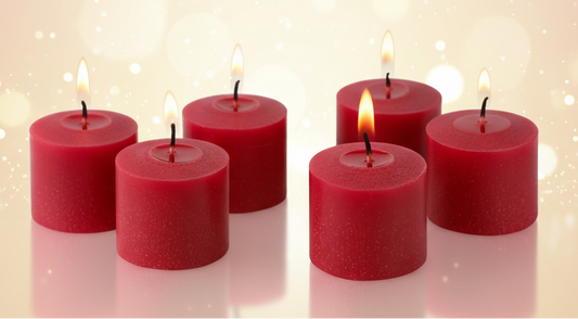Six red candles with lit wicks on a white background