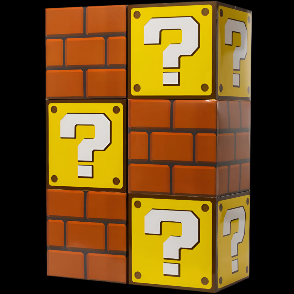 Stack of question block and brick blocks with question marks on a white background