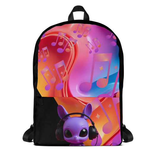 Backpack with a colorful design featuring music notes and a cartoon character wearing headphones on a white background.