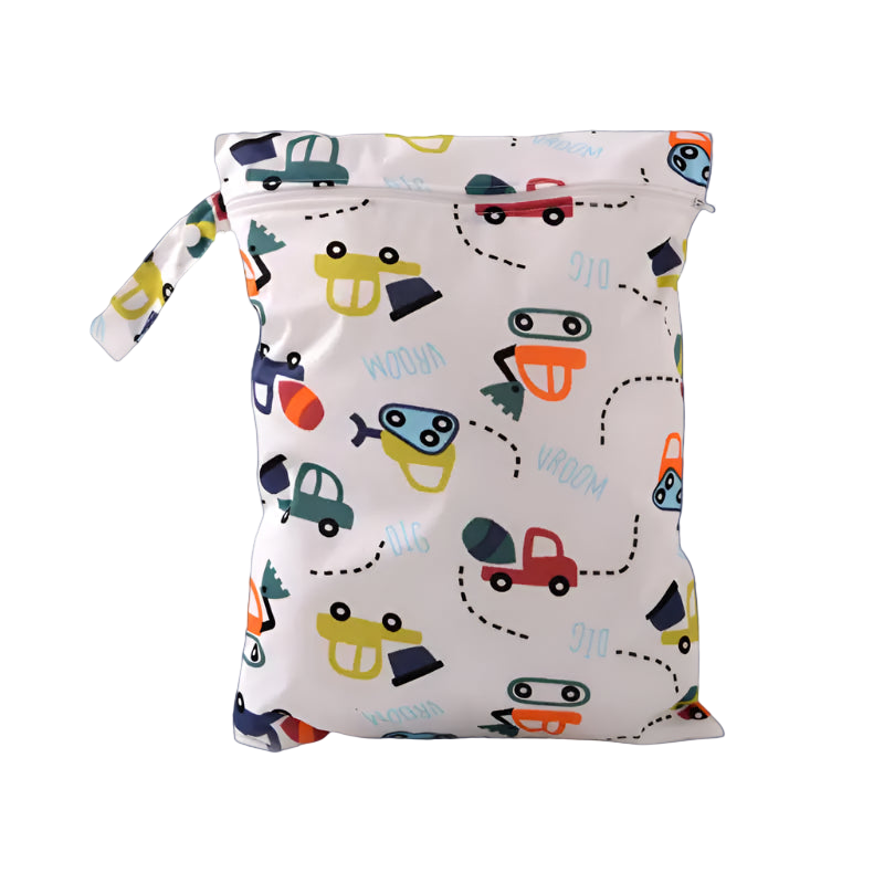 Drawstring bag with colorful car pattern on a white background