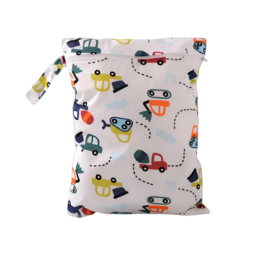 Drawstring bag with colorful car pattern on a white background