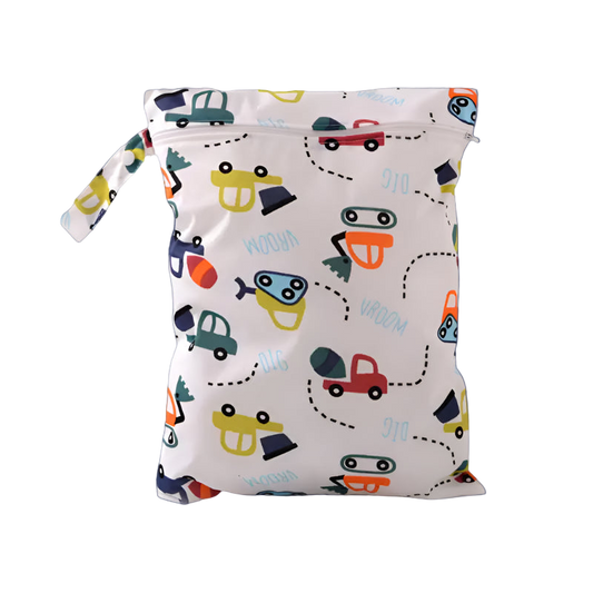 Drawstring bag with colorful car pattern on a white background