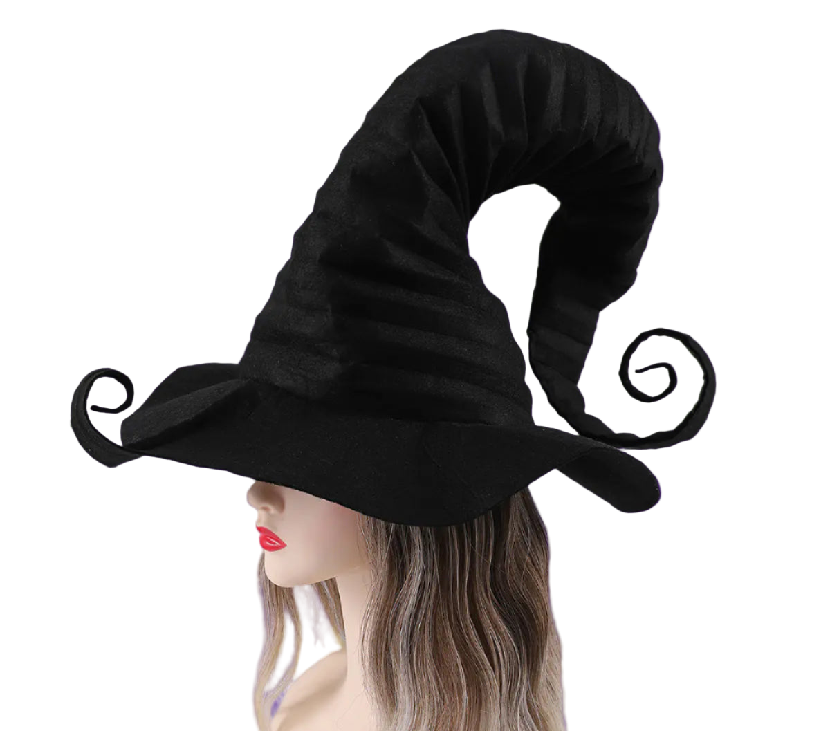 Black witch hat with long, curved brims worn by a mannequin against a gray background