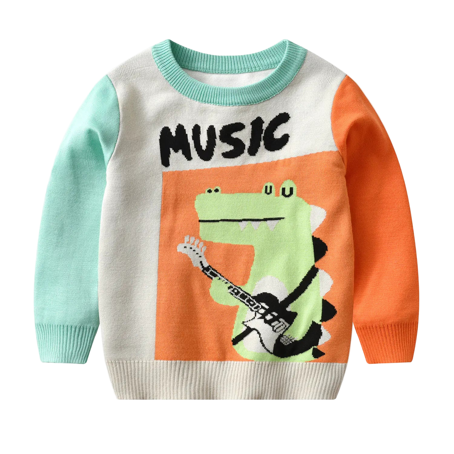 Children's sweater with a dinosaur playing guitar and 'MUSIC' text on a white background