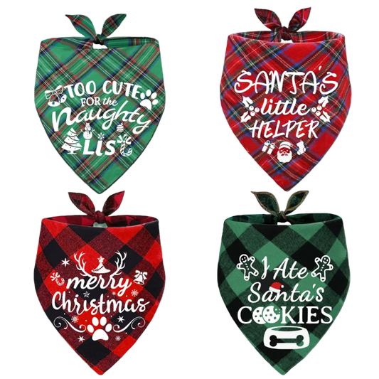 Four plaid pet bandanas with Christmas-themed text on a white background