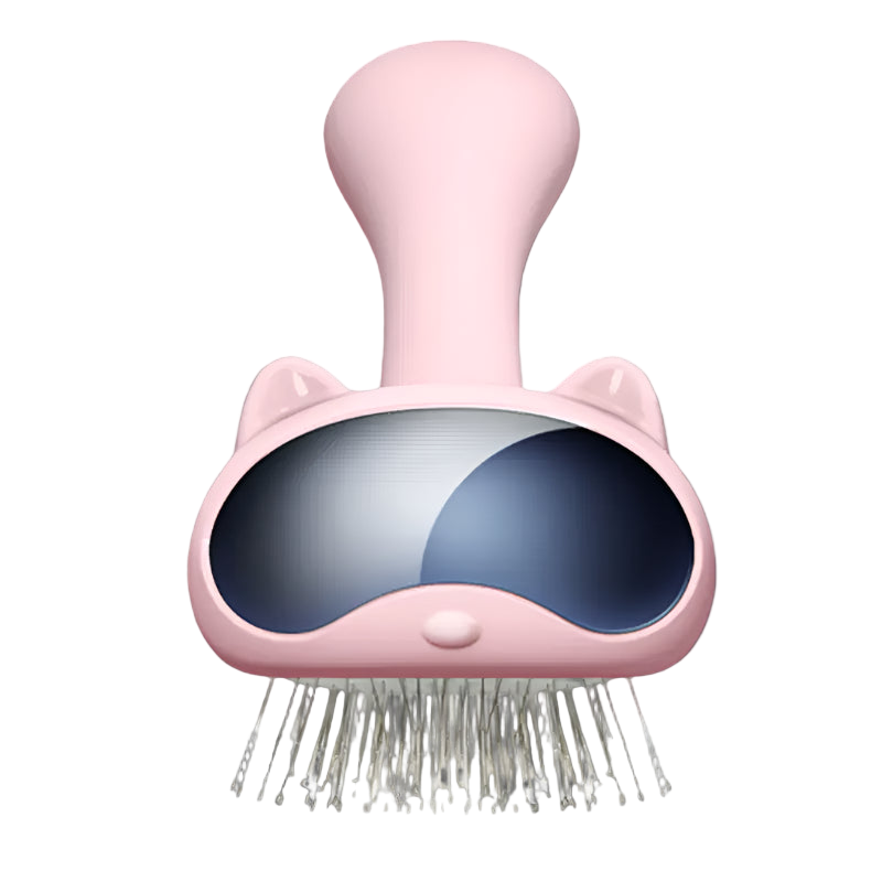 Pink pet grooming brush with a cat ear design on a white background