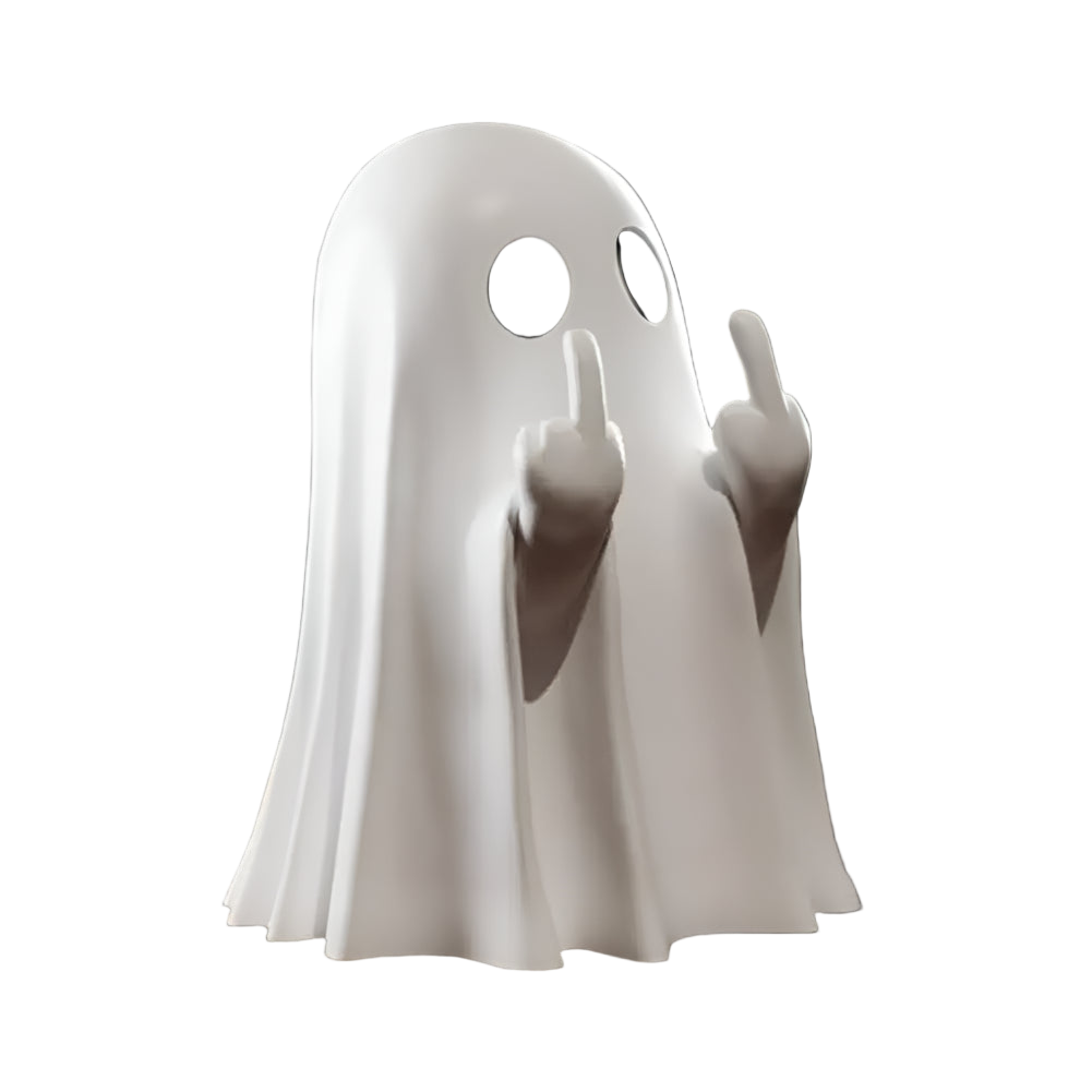 White ghost figurine making a middle finger gesture on a dark background