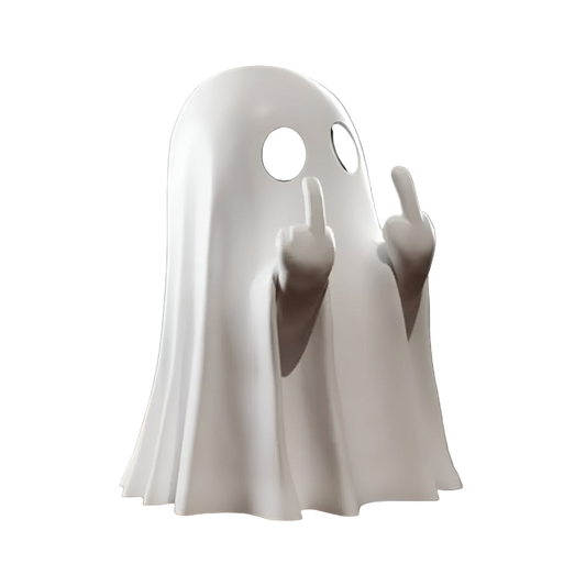 White ghost figurine making a middle finger gesture on a dark background