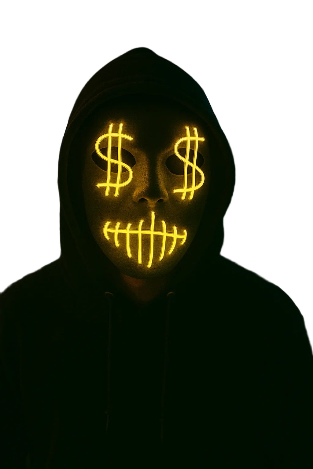 Person wearing a glowing mask with dollar sign symbols in a dark setting with colorful lights.