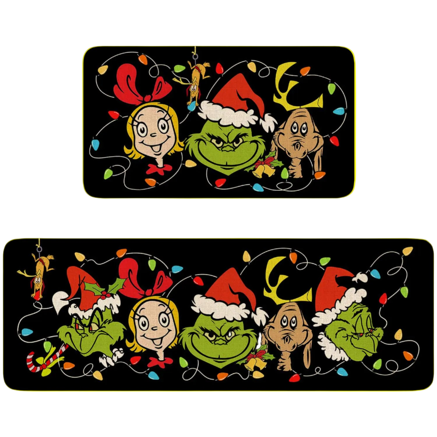 Two Christmas-themed car window stickers featuring cartoon characters with lights and Santa hats on a black background.