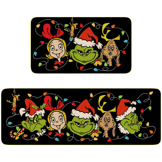 Two Christmas-themed car window stickers featuring cartoon characters with lights and Santa hats on a black background.