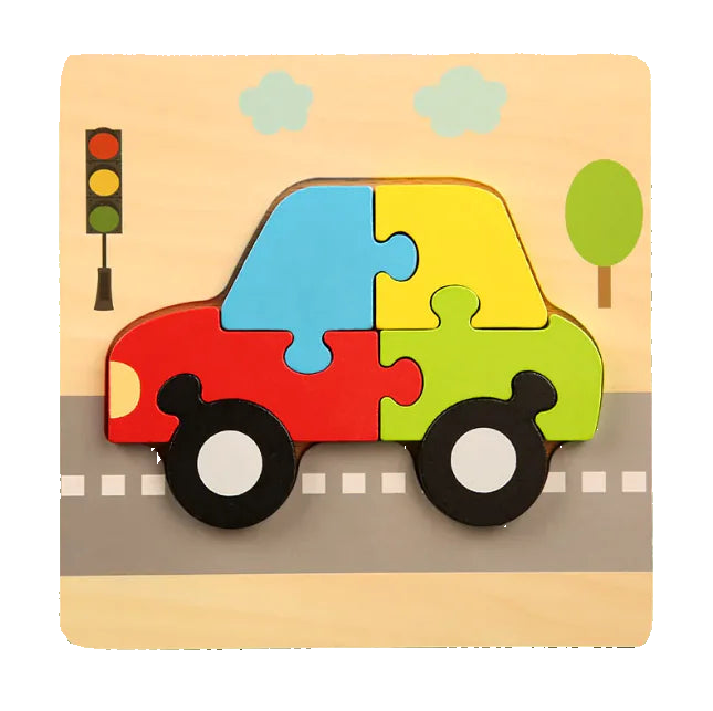 Colorful car-shaped puzzle on a wooden base with traffic light and tree illustration.