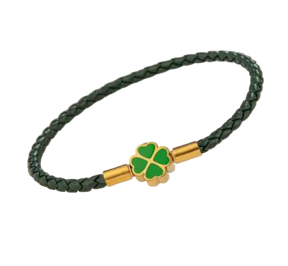 Green braided bracelet with a gold clasp and clover charm on a white background