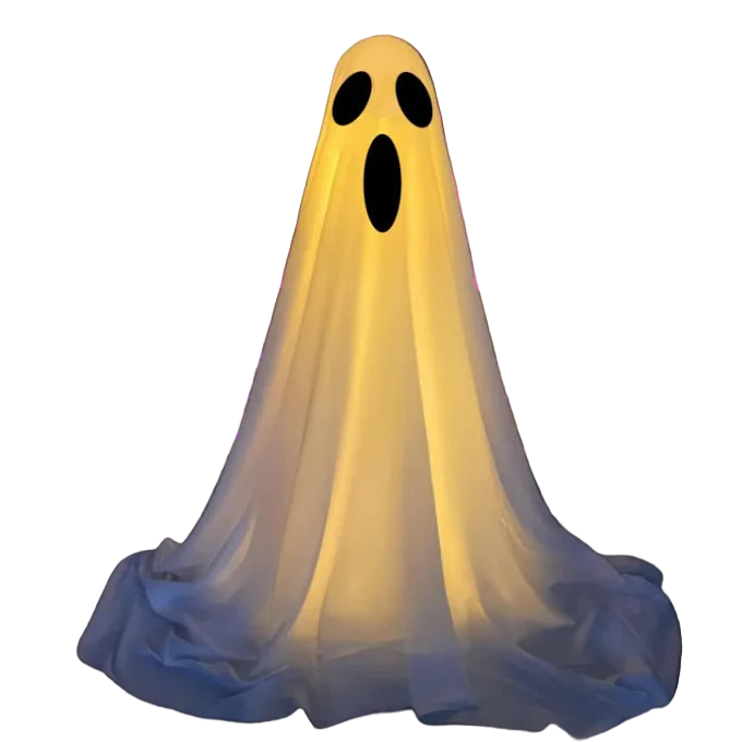 Glowing ghost costume against a dark background with purple lighting