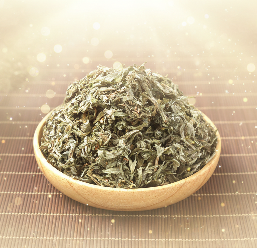 Dried herbs in a wooden bowl on a woven mat
