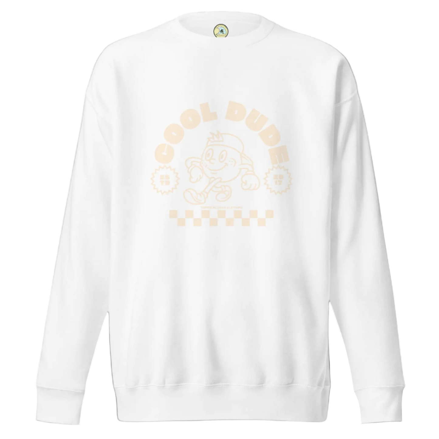 White sweatshirt with a logo on the chest against a white background