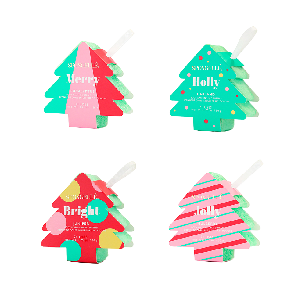 Four Christmas tree-shaped products with colorful designs on a white background