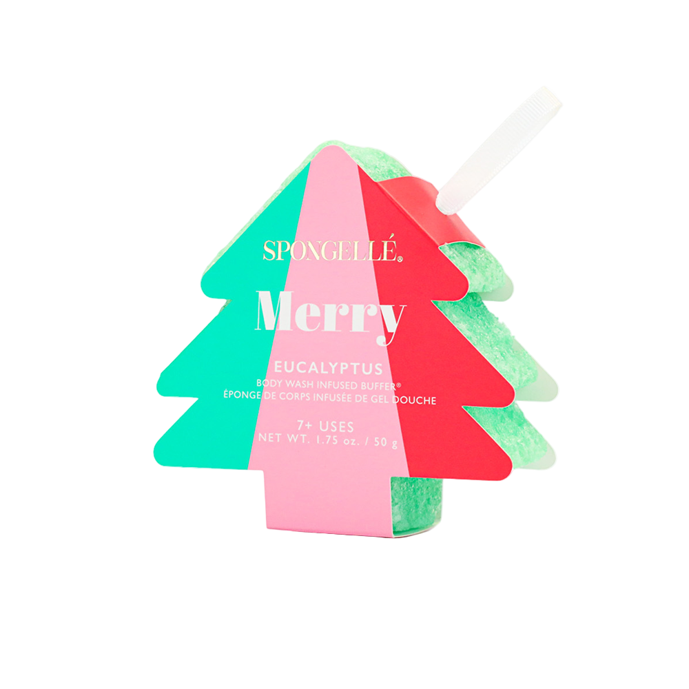 Colorful tree-shaped sponge with 'Spongellé' branding on a white background
