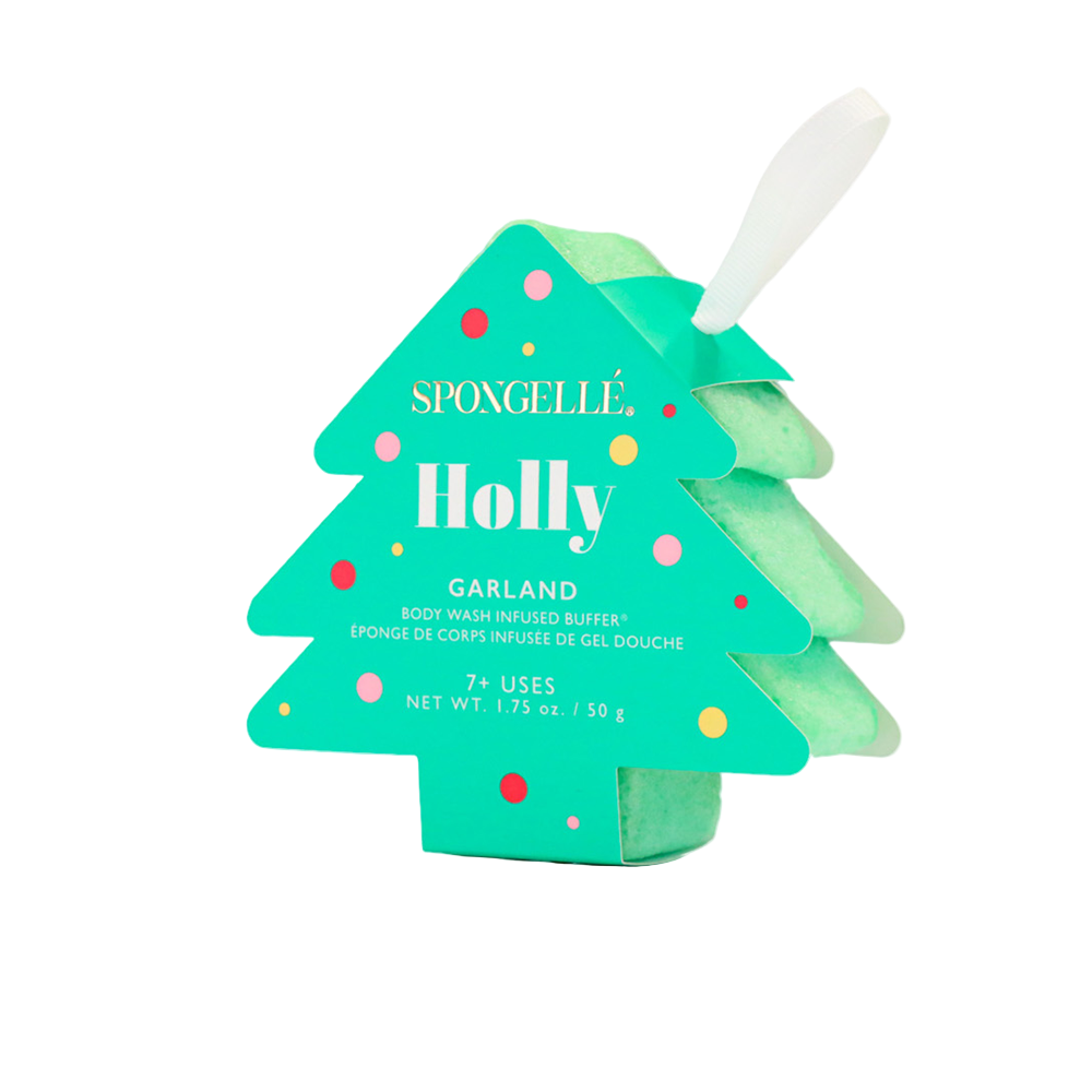 Spongellé Holly Garland body wash infused buffer with a white handle on a white background