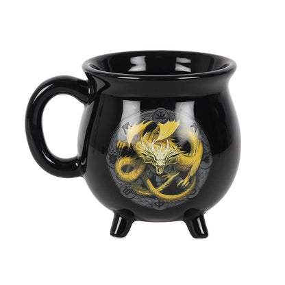 Black mug with a gold dragon design on a white background