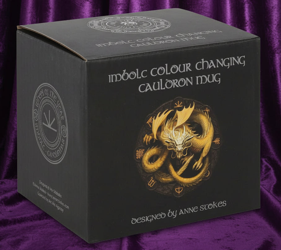 Black box with gold dragon design and text on a white background