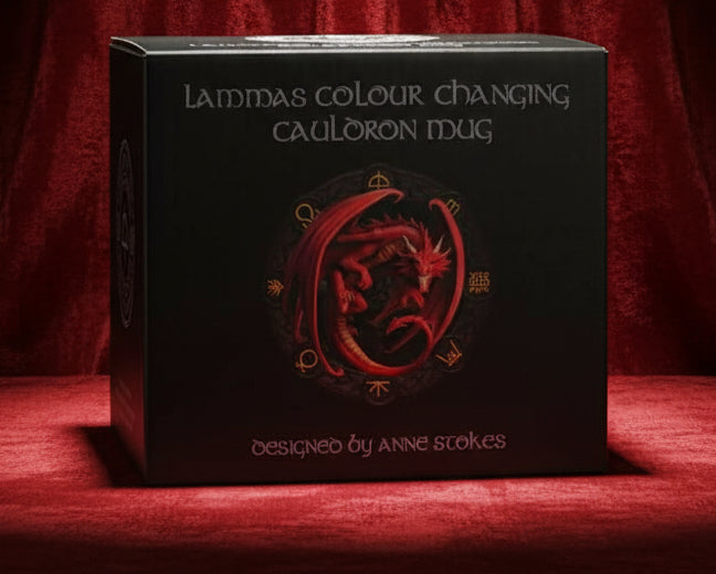 A black square product box for 'Lamdas Colour Changing Cauloron Mug' designed by Anne Stokes, featuring a red dragon illustration and silver text, set against a plain white background.
