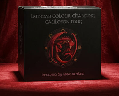 A black square product box for 'Lamdas Colour Changing Cauloron Mug' designed by Anne Stokes, featuring a red dragon illustration and silver text, set against a plain white background.