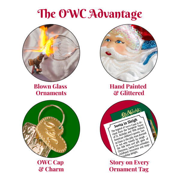 Promotional graphic for OWC Christmas ornaments with text and images of ornaments.