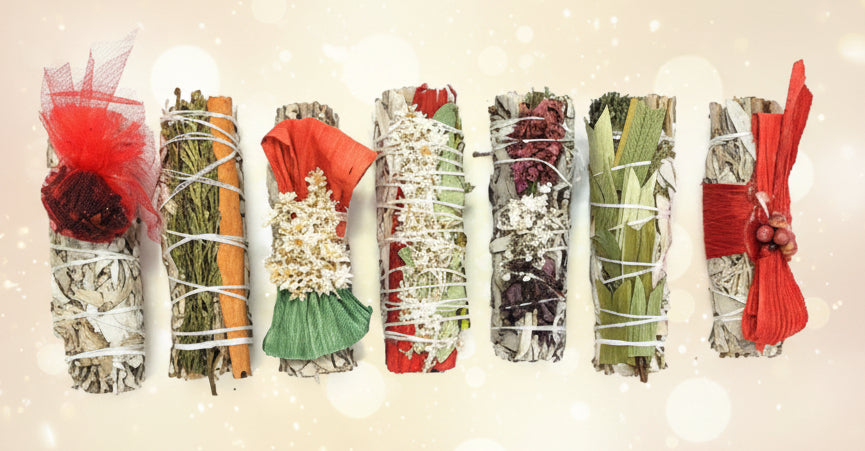 Set of seven incense sticks wrapped in colorful ribbons on a white background