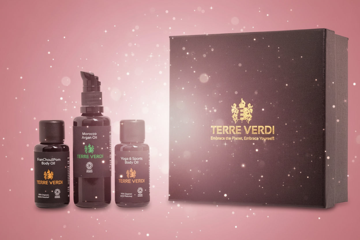 Terre Verdi body oil bottles and packaging on a white background