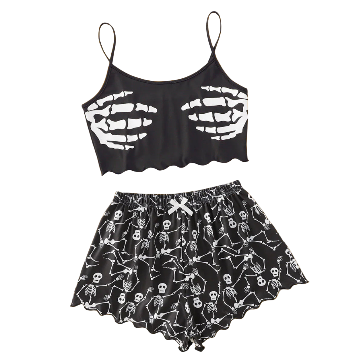 Black tank top and shorts set with skeleton design on a light background
