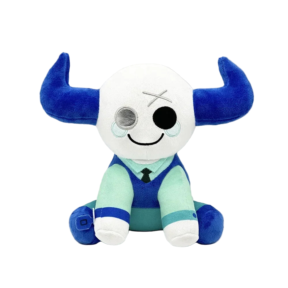 Plush toy with blue horns and a white face on a white background