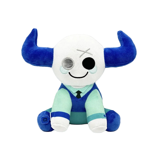 Plush toy with blue horns and a white face on a white background