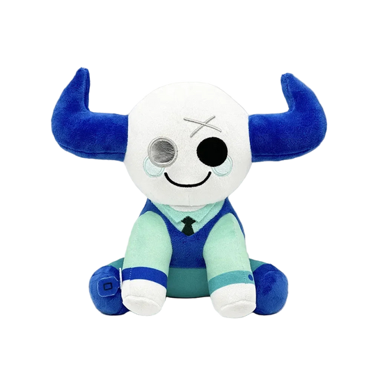 Plush toy with blue horns and a white face on a white background