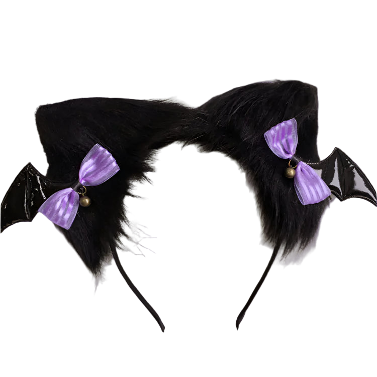 Black cat ears with purple bows on a white background