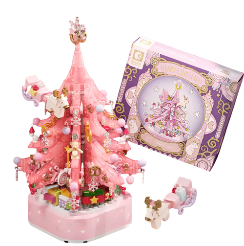 Pink Christmas tree decoration with packaging on a pink background