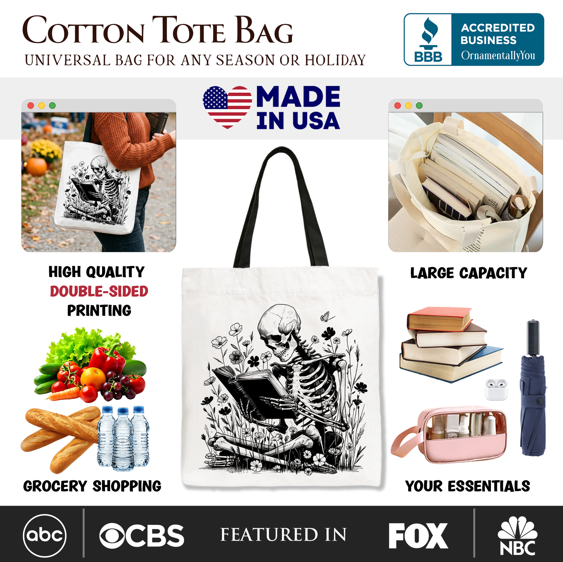 Cotton tote bag with skeleton design, shown with various uses and features.