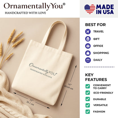 Beige tote bag with 'Ornamentally You' branding, dimensions, and features listed on a beige background.
