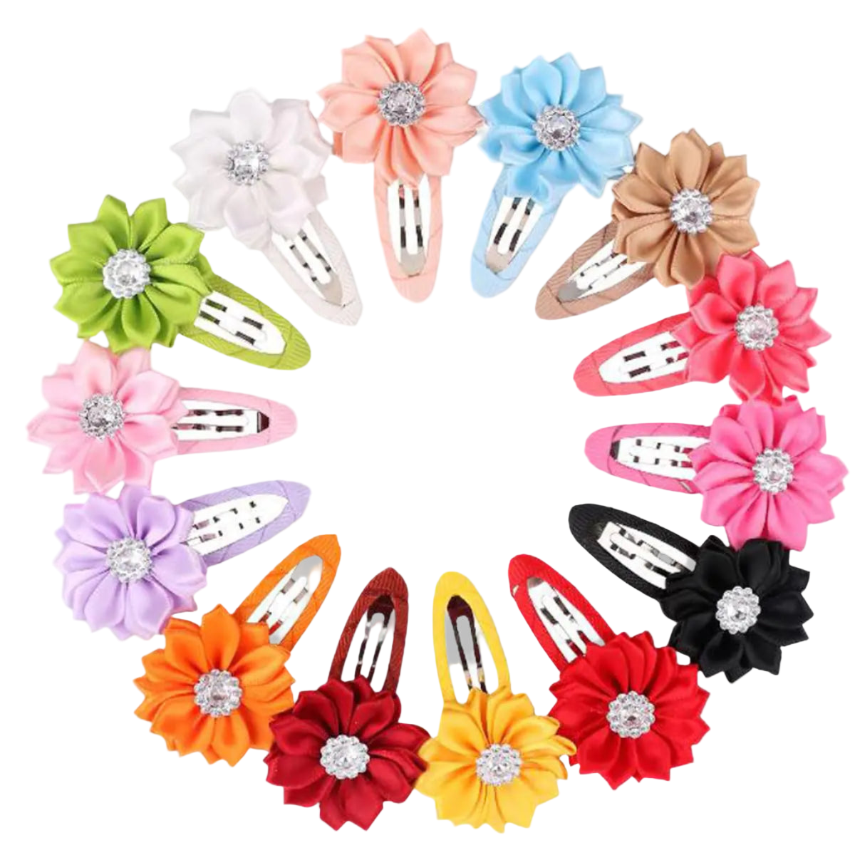 Assorted colorful flower-shaped hair clips with rhinestones on a white background