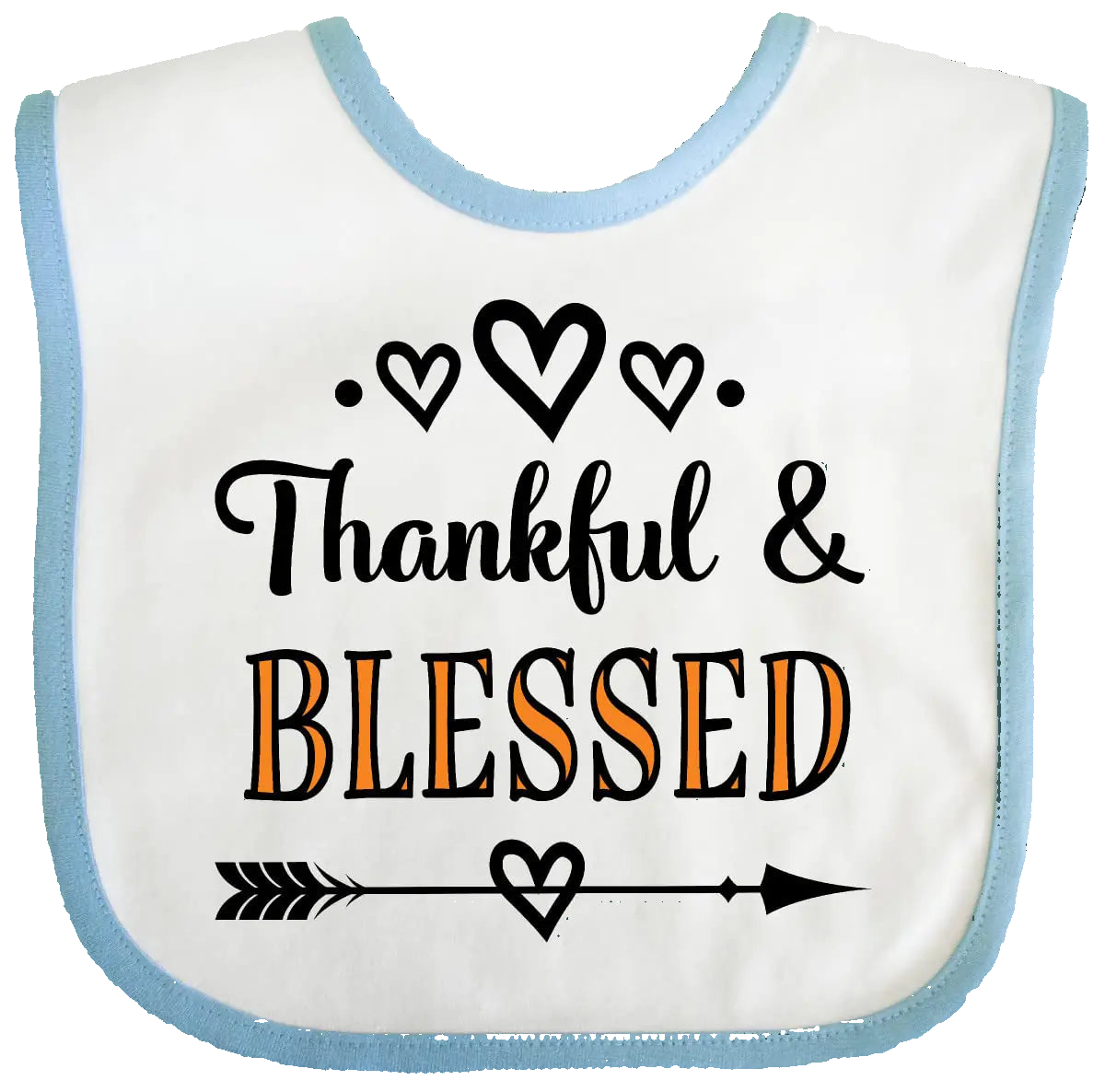 Baby bib with 'Thankful & Blessed' text on a white background
