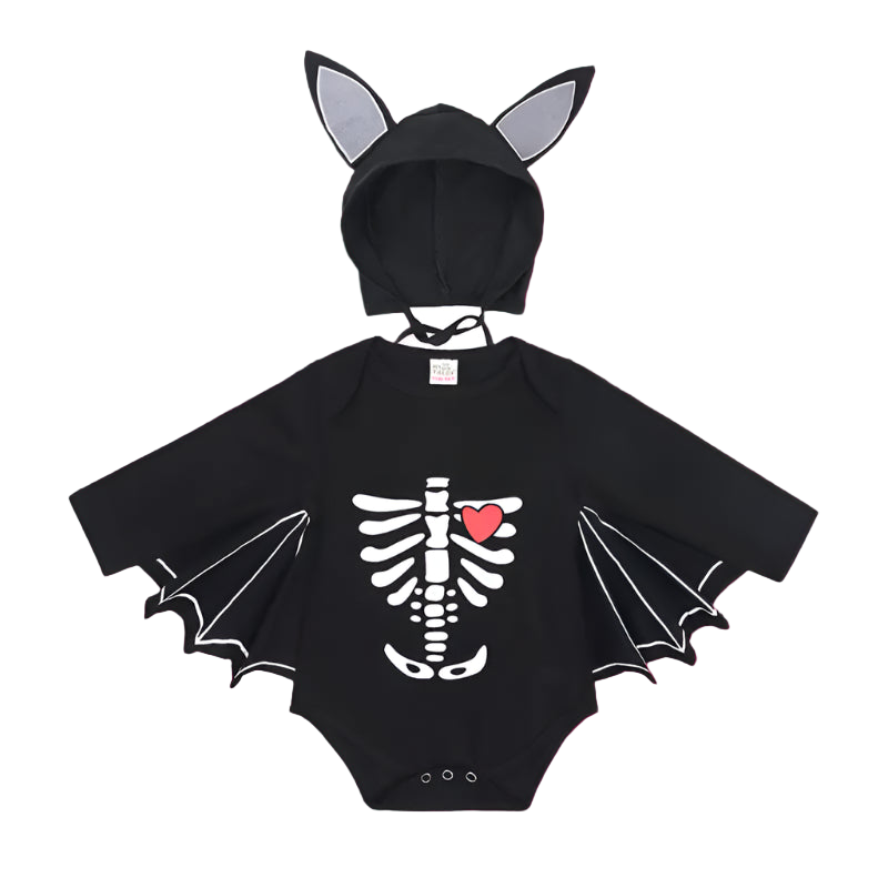 Black baby onesie with skeleton design and bat wings on a white background