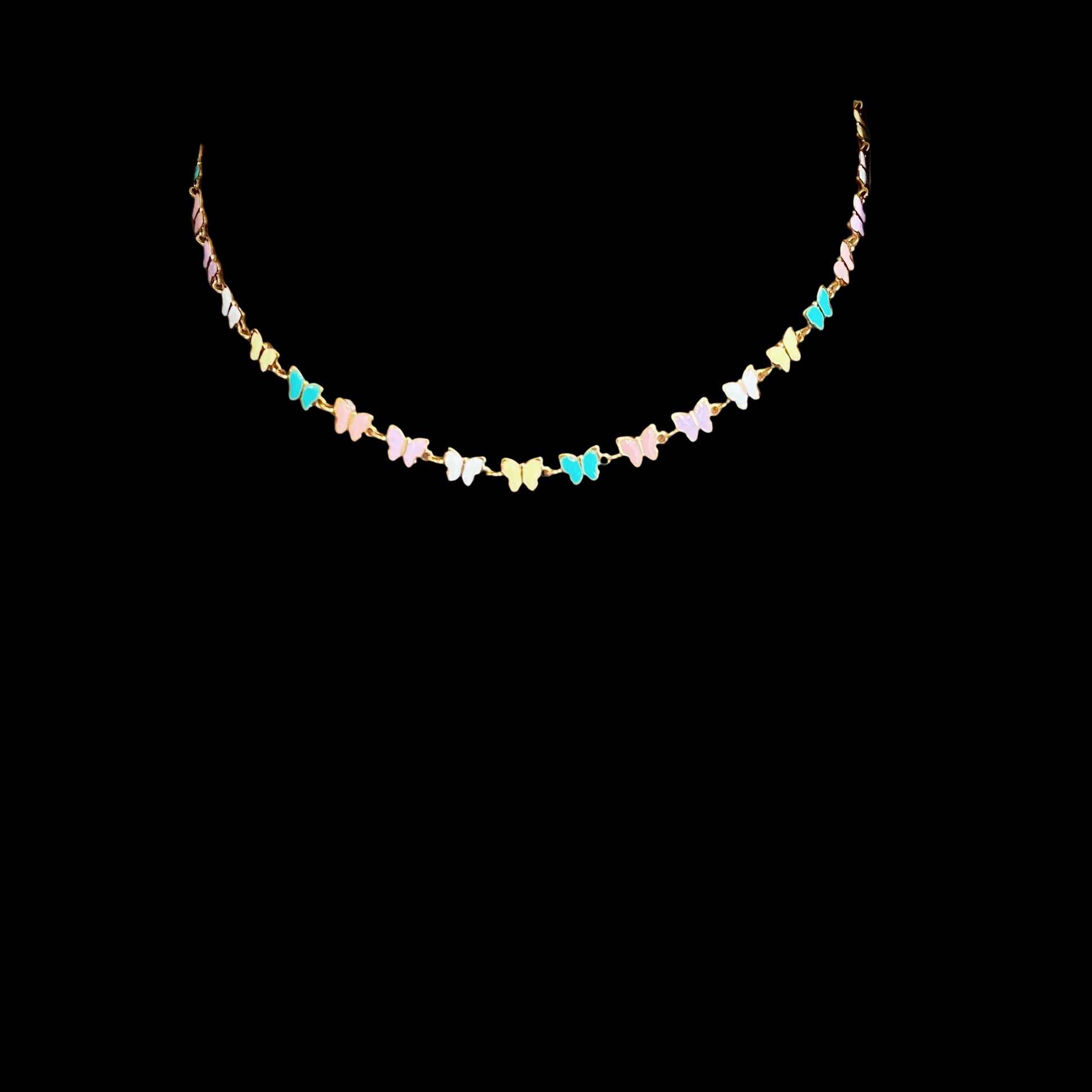 Necklace with colorful butterfly pendants worn by a person